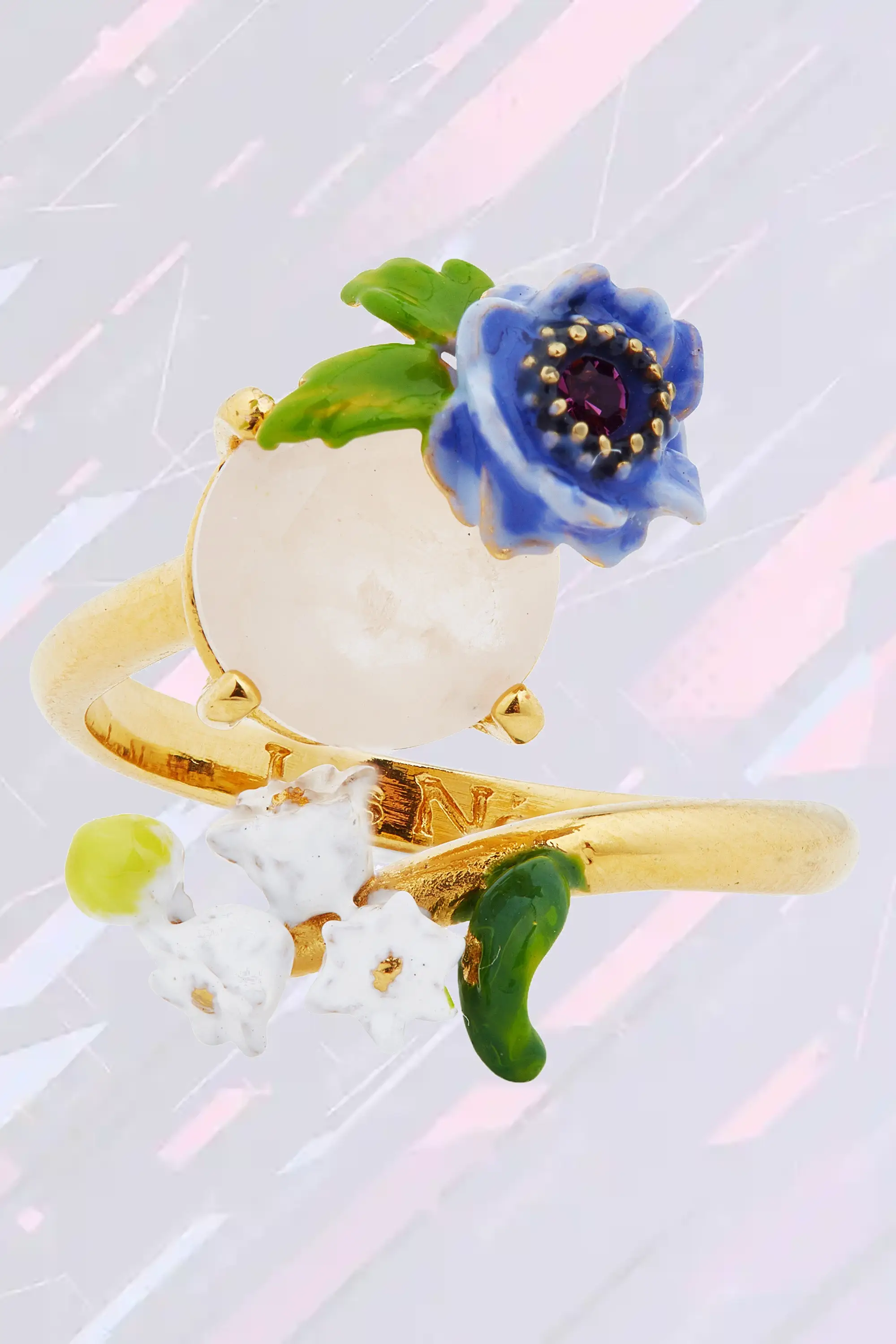 Bague modulable Néréides en quartz rosé ornée de motifs botaniques