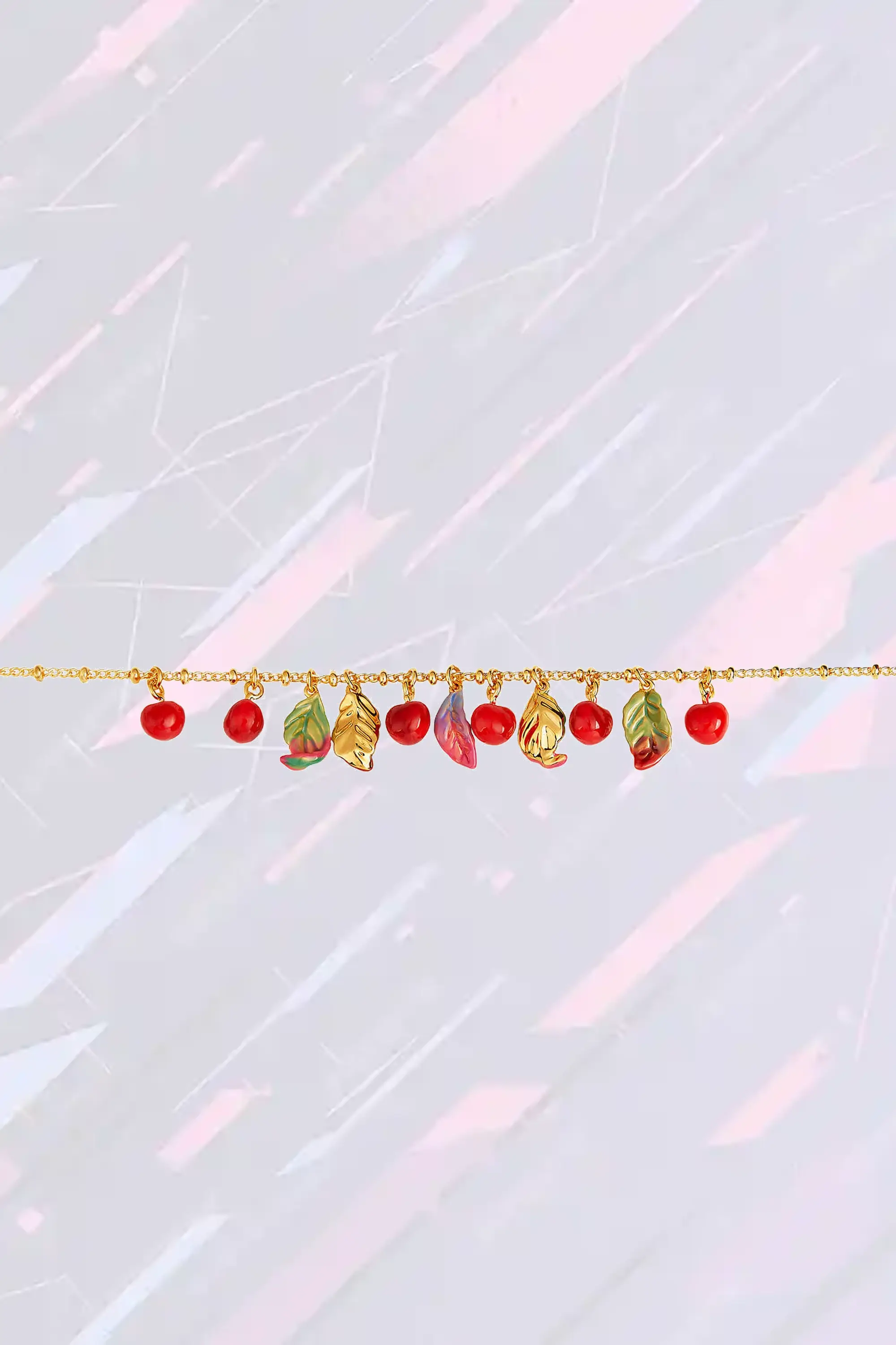 Bracelet à breloques Les Néréides - Motif printanier cerises rubis et feuillage émaillé