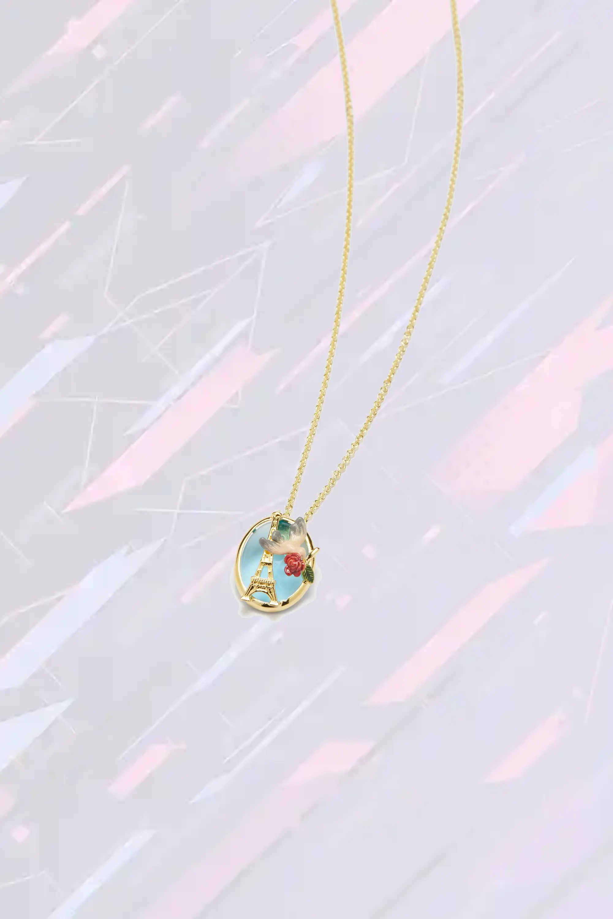 Collier pendentif Les Néréides - Motif Tour Eiffel avec oiseau et rosier romantique